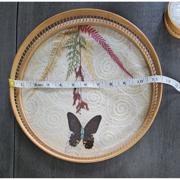 Vintage Round Bamboo Serving Tray Butterfly with Coasters Set of 7 Taiwan - Picture 8 of 12